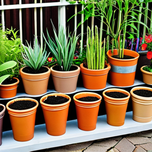 **

A vibrant urban garden showcasing a variety of plants in eco-friendly containers: clay pots, biodegradable compostable pots, and repurposed food containers (like tin cans and yogurt containers). Focus on the diversity of containers and the healthy growth of the plants.

**