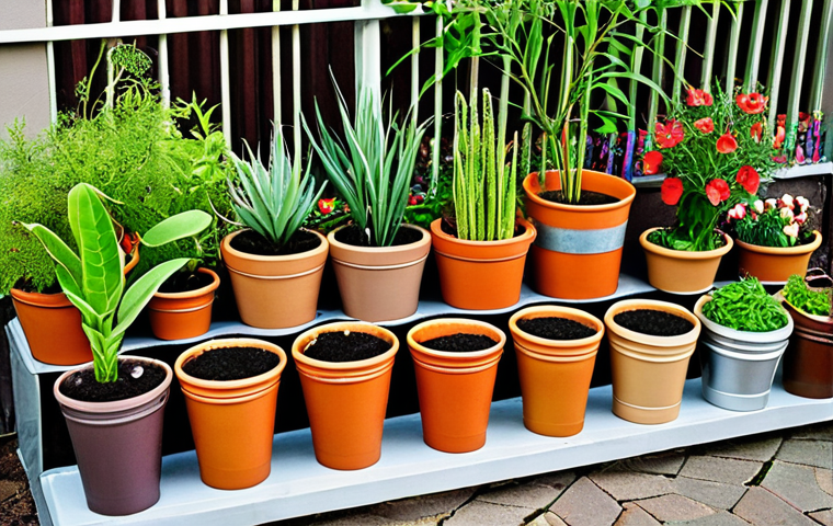 **
A vibrant urban garden showcasing a variety of plants in eco-friendly containers: clay pots, biodegradable compostable pots, and repurposed food containers (like tin cans and yogurt containers). Focus on the diversity of containers and the healthy growth of the plants.
**