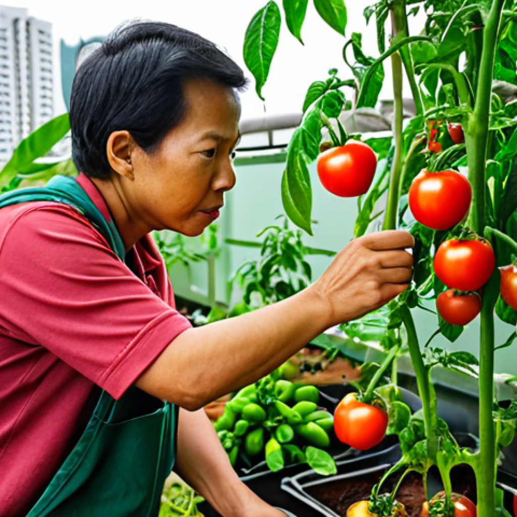 A focused mid-shot of a diverse Malaysian urban gardener, in a brightly lit balcony or rooftop garden, meticulously inspecting the leaves of a thriving tomato or chili plant. The gardener's expression conveys keen observation, highlighting early signs like subtle discolouration, small spots, or slight wilting, embodying the "plant detective" role. The background showcases other healthy potted plants, clean gardening tools, and the vibrant, green essence of urban agriculture in Malaysia, emphasizing daily vigilance and early symptom recognition.