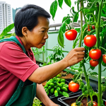 A focused mid-shot of a diverse Malaysian urban gardener, in a brightly lit balcony or rooftop garden, meticulously inspecting the leaves of a thriving tomato or chili plant. The gardener's expression conveys keen observation, highlighting early signs like subtle discolouration, small spots, or slight wilting, embodying the "plant detective" role. The background showcases other healthy potted plants, clean gardening tools, and the vibrant, green essence of urban agriculture in Malaysia, emphasizing daily vigilance and early symptom recognition.