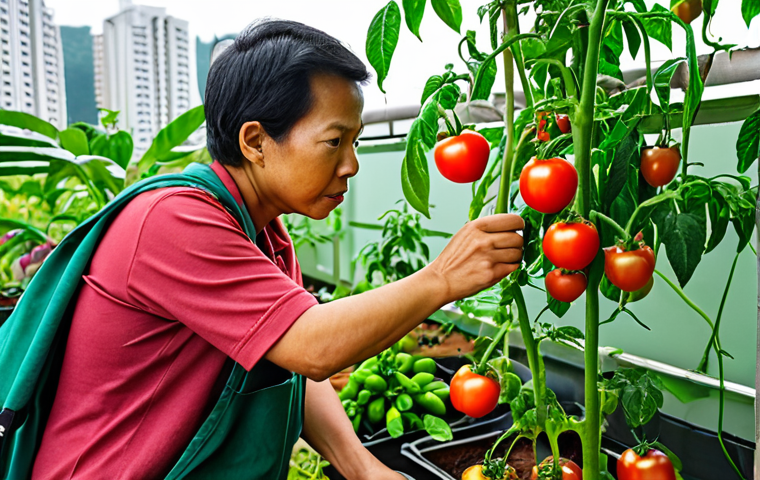 A focused mid-shot of a diverse Malaysian urban gardener, in a brightly lit balcony or rooftop garden, meticulously inspecting the leaves of a thriving tomato or chili plant. The gardener's expression conveys keen observation, highlighting early signs like subtle discolouration, small spots, or slight wilting, embodying the "plant detective" role. The background showcases other healthy potted plants, clean gardening tools, and the vibrant, green essence of urban agriculture in Malaysia, emphasizing daily vigilance and early symptom recognition.