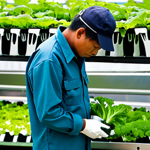 A professional adult urban farmer, fully clothed in a modest long-sleeved work shirt, practical trousers, and gloves, meticulously tending to a vibrant array of green leafy vegetables in a modern vertical hydroponic system. The setting is a clean and well-maintained urban rooftop garden, with the contemporary skyline of a Malaysian city visible in the background under clear skies. The farmer exhibits a natural pose, concentrating on the plants, highlighting their expertise and dedication. Perfect anatomy, correct proportions, well-formed hands, proper finger count, natural body proportions. Professional photography, high detail, natural lighting, bright, and clean aesthetic. Safe for work, appropriate content, fully clothed, professional, modest.