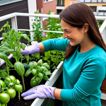 **

"A woman in a modest, gardening outfit (long sleeves, trousers, gardening gloves) tending to a balcony garden filled with tomato plants, herbs, and flowers, fully clothed, appropriate attire, safe for work, perfect anatomy, natural proportions, bright daylight, cheerful atmosphere, family-friendly, professional photography, high quality, focus on the joy of urban gardening."

**