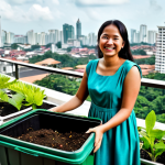 Urban Composting**

A smiling woman in a modest, colorful dress tending to a vermicomposting bin on a balcony filled with potted plants. The balcony overlooks a cityscape in Kuala Lumpur. Focus on the lush greenery and the woman's engaged expression. "Safe for work," "appropriate content," "fully clothed," "professional photography," "perfect anatomy," "natural proportions," "modest," "family-friendly," "well-formed hands," "proper finger count."

**