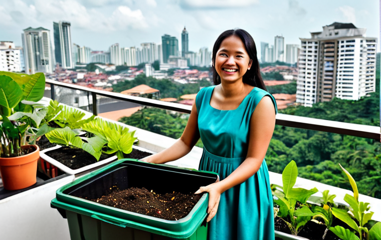 Urban Composting**

A smiling woman in a modest, colorful dress tending to a vermicomposting bin on a balcony filled with potted plants. The balcony overlooks a cityscape in Kuala Lumpur. Focus on the lush greenery and the woman's engaged expression. "Safe for work," "appropriate content," "fully clothed," "professional photography," "perfect anatomy," "natural proportions," "modest," "family-friendly," "well-formed hands," "proper finger count."

**