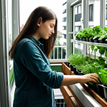 Balcony Greenhouse**

A fully clothed woman in modest casual wear tending to a mini greenhouse on a city apartment balcony, filled with various herbs and leafy green vegetables. Safe for work, appropriate content, perfect anatomy, well-formed hands, natural pose, good lighting, professional quality. Focus on the healthy plants and the peaceful urban gardening scene.

**
