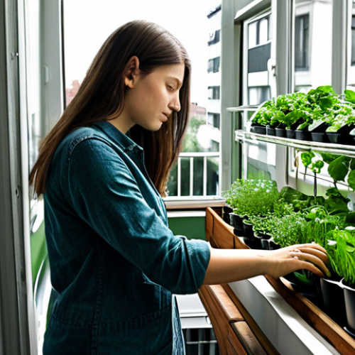 Balcony Greenhouse**

A fully clothed woman in modest casual wear tending to a mini greenhouse on a city apartment balcony, filled with various herbs and leafy green vegetables. Safe for work, appropriate content, perfect anatomy, well-formed hands, natural pose, good lighting, professional quality. Focus on the healthy plants and the peaceful urban gardening scene.

**