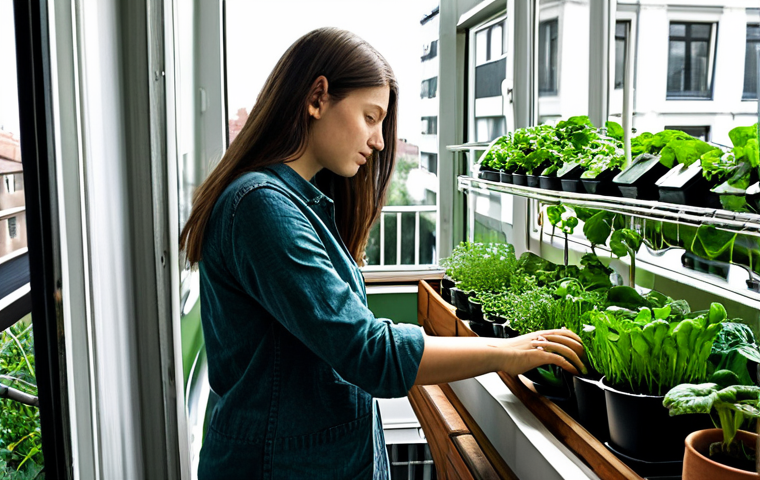 Balcony Greenhouse**

A fully clothed woman in modest casual wear tending to a mini greenhouse on a city apartment balcony, filled with various herbs and leafy green vegetables. Safe for work, appropriate content, perfect anatomy, well-formed hands, natural pose, good lighting, professional quality. Focus on the healthy plants and the peaceful urban gardening scene.

**