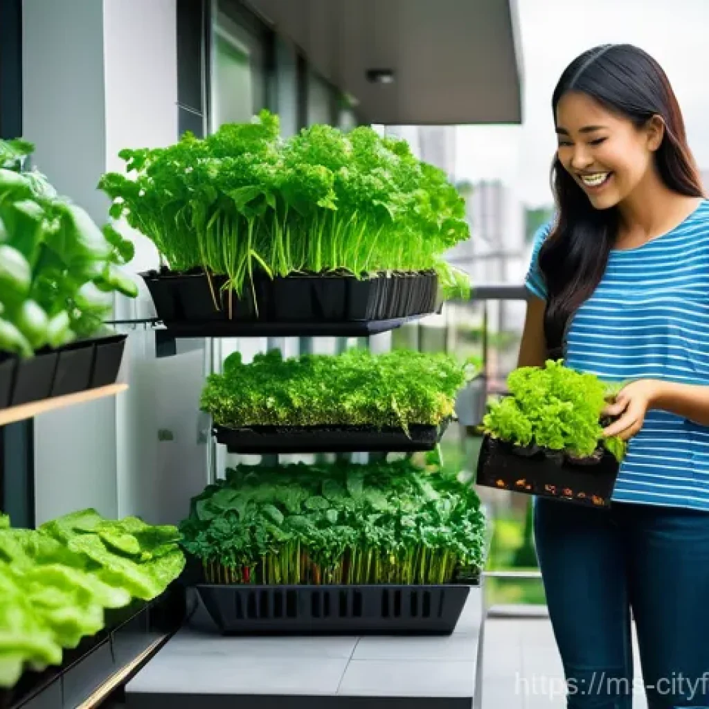 도시농업과 기후 변화 적응 - **Prompt:** A vibrant and lush urban balcony garden in a modern Malaysian city. A cheerful Malay mot...