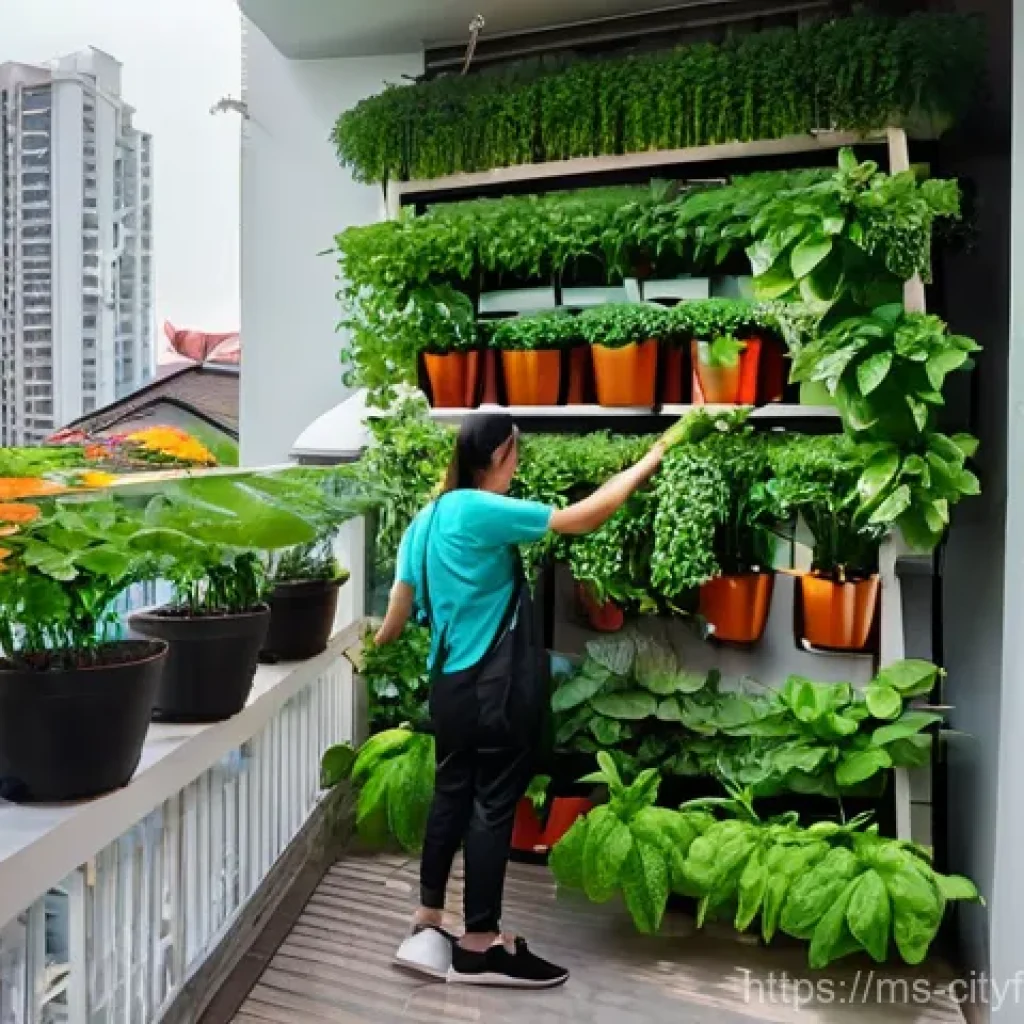 도시농업을 위한 공간 활용 - **Prompt:** A vibrant, sun-drenched urban balcony in Kuala Lumpur, transformed into a lush vertical ...