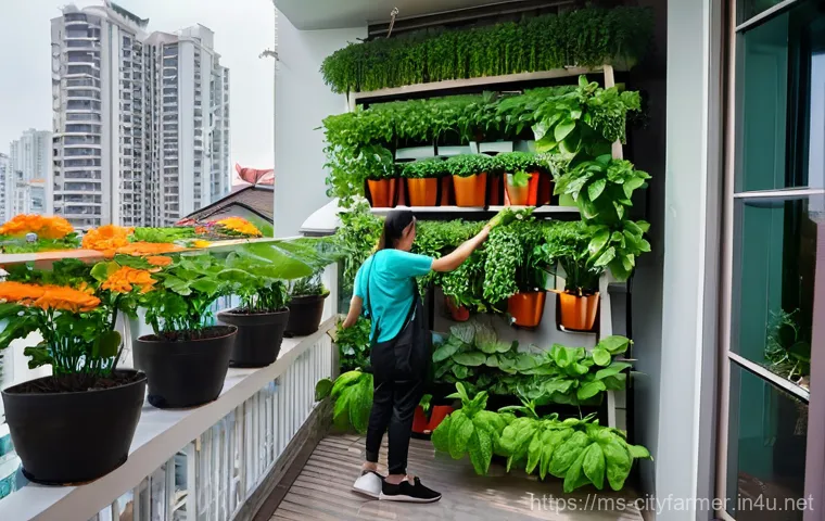 도시농업을 위한 공간 활용 - **Prompt:** A vibrant, sun-drenched urban balcony in Kuala Lumpur, transformed into a lush vertical ...