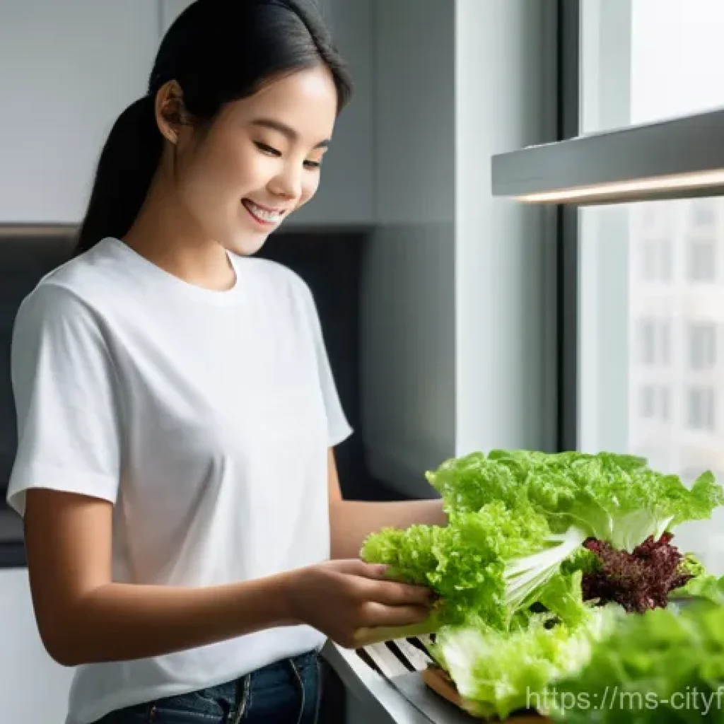 도시농부 신기술 활용 - **Prompt:** A young Malaysian woman in her late 20s, wearing a simple t-shirt and modest shorts, sta...