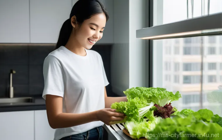 도시농부 신기술 활용 - **Prompt:** A young Malaysian woman in her late 20s, wearing a simple t-shirt and modest shorts, sta...