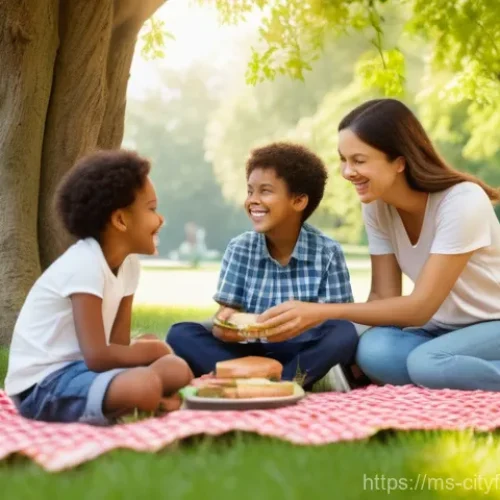 Home 29 도시농업 환경 영향 평가 - A heartwarming scene of a diverse family enjoying a picnic in a sun-drenched park. The parents and t...