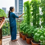 도시농업 직거래 마케팅 - **Urban Balcony Oasis:**
"A cheerful Malaysian woman, dressed in a modest long-sleeved top and t...
